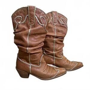Vintage Nana Slouchy Cowgirl Boots Brown Leather Gold Trim Womens Size 8.5